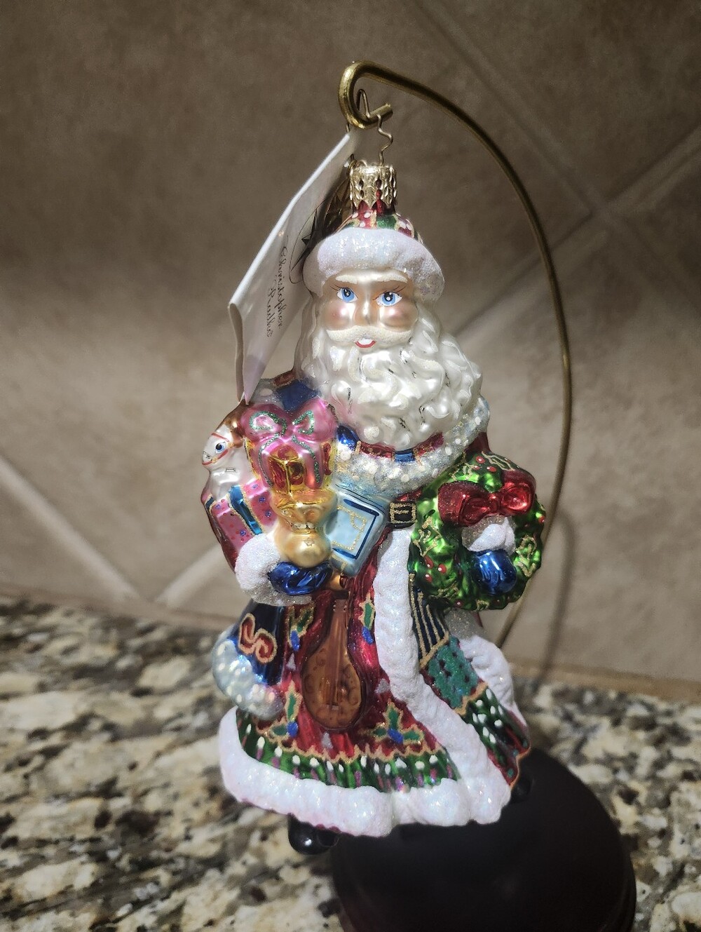 Signed Christopher Radko Multicolored Santa with Wreath and Gifts Ornament